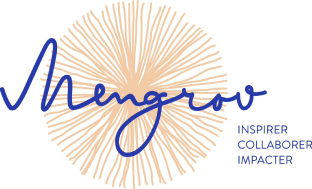 Logo Mengrov orange et bleu : Mengrov, inspirer, collaborer, impacter.